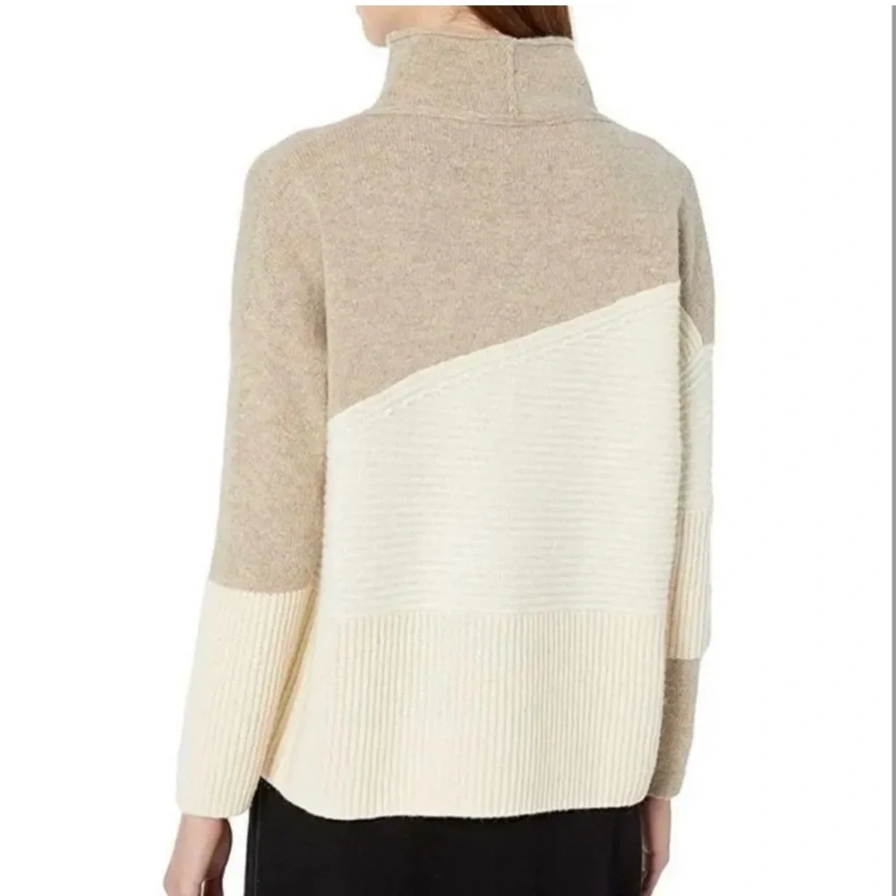 French Connection Wool Sweater Color Block Cream Small Mock Neck Fall Oversized - Picture 2 of 5